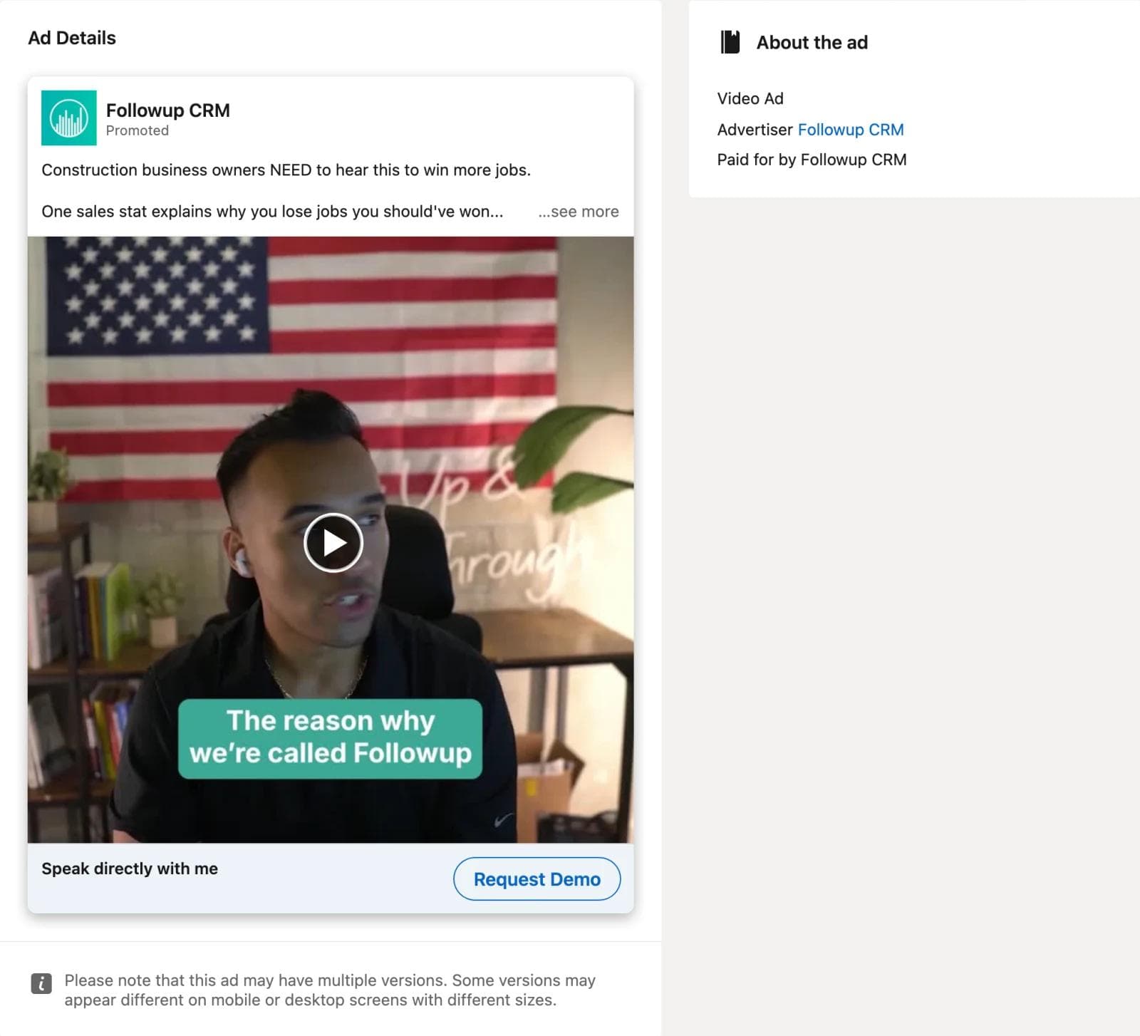 A LinkedIn Ad Library detail page for a US-targeted video ad showing only the format, advertiser, and payer