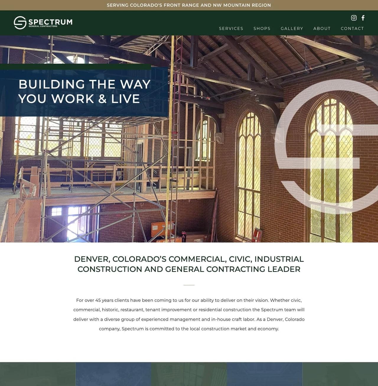 Spectrum General Contractors Denver service area, construction sectors, and restoration hero