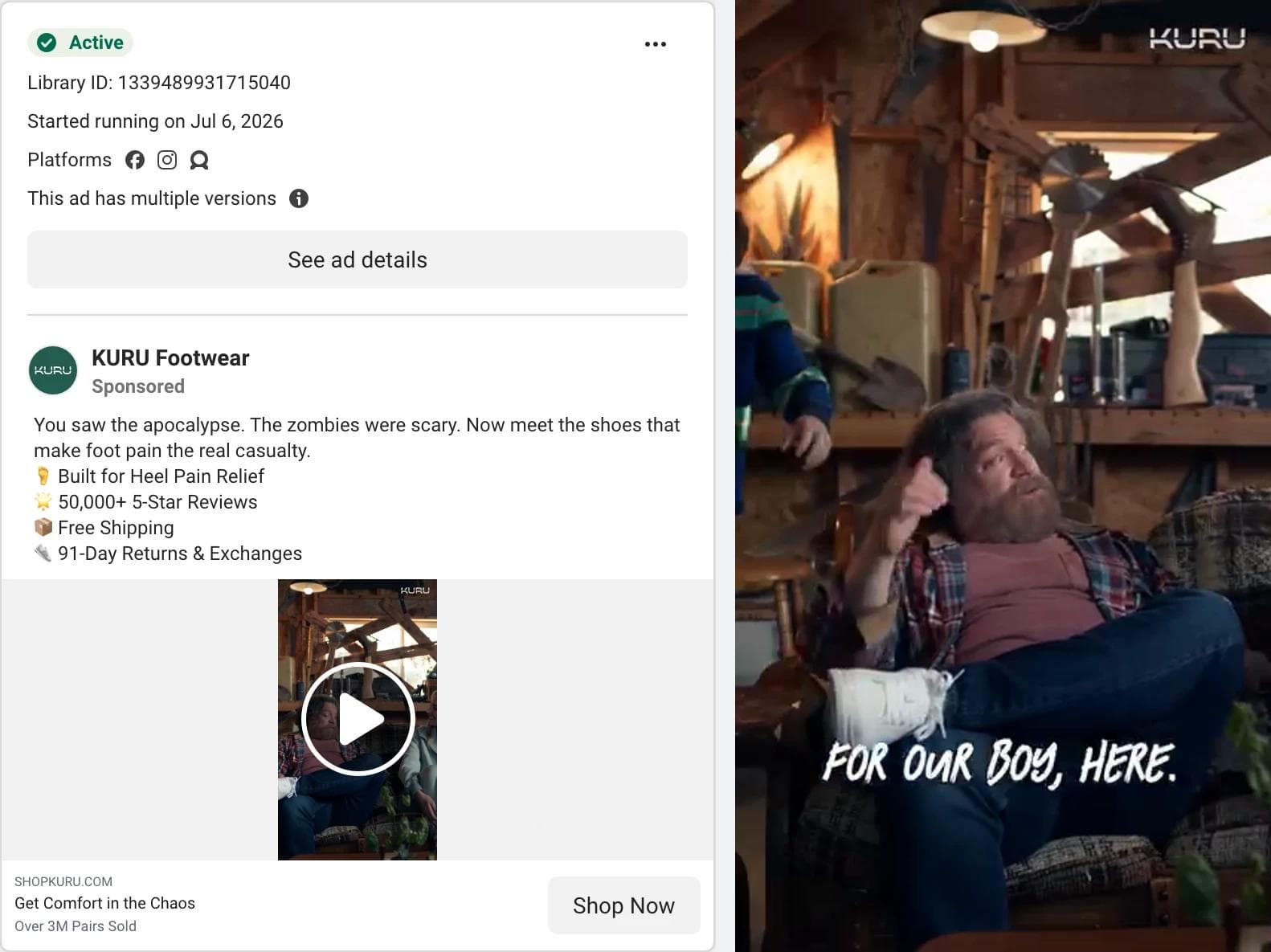 Meta Ad Library card for a KURU Footwear video ad, with a frame showing two men in a dim cabin, one in a bandaged leg, with the caption For Our Boy Here