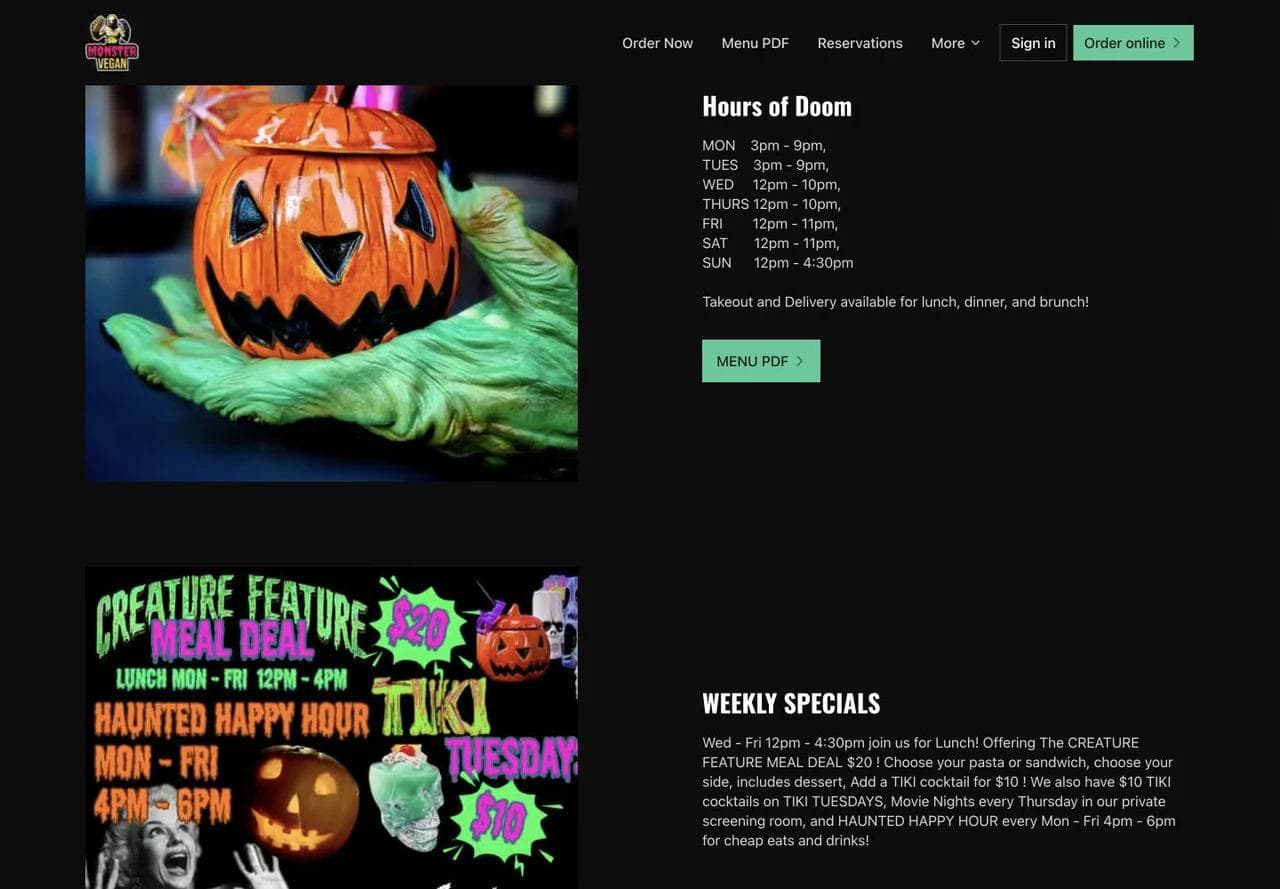 Monster Vegan hours and weekly specials sections with themed imagery and menu action.