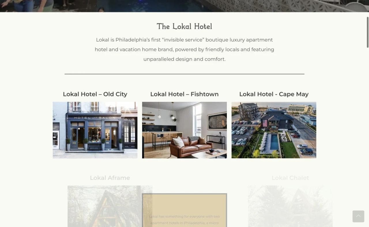 Lokal Hotel property cards for Old City, Fishtown, and Cape May
