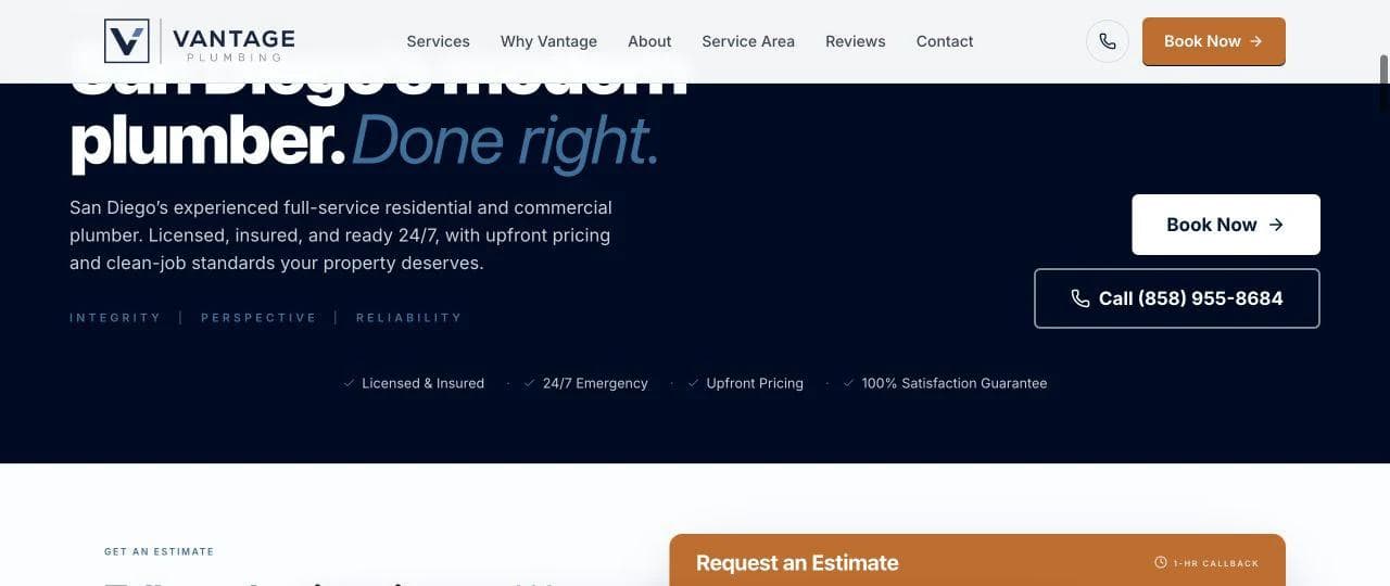 Vantage Plumbing hero with San Diego positioning, call and booking actions, and service standards