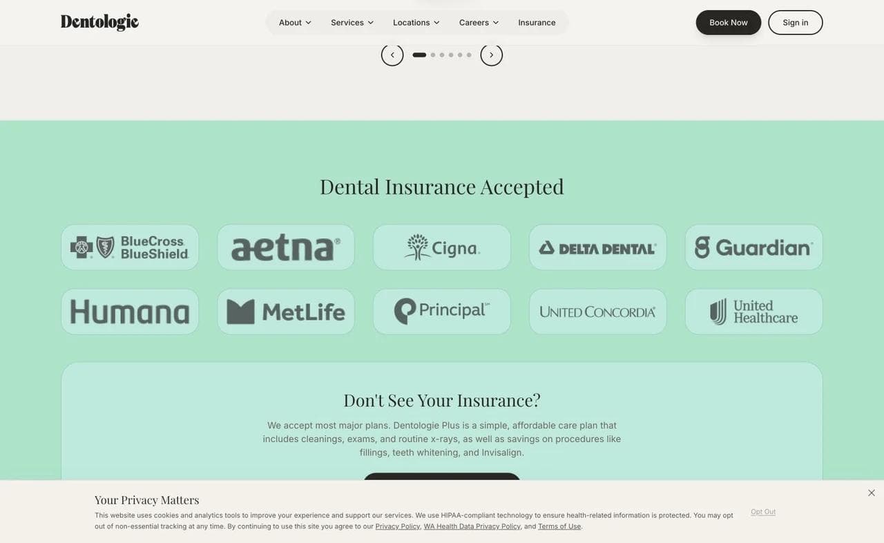 Dentologie dental insurance section listing accepted carriers and an insurance-check route.