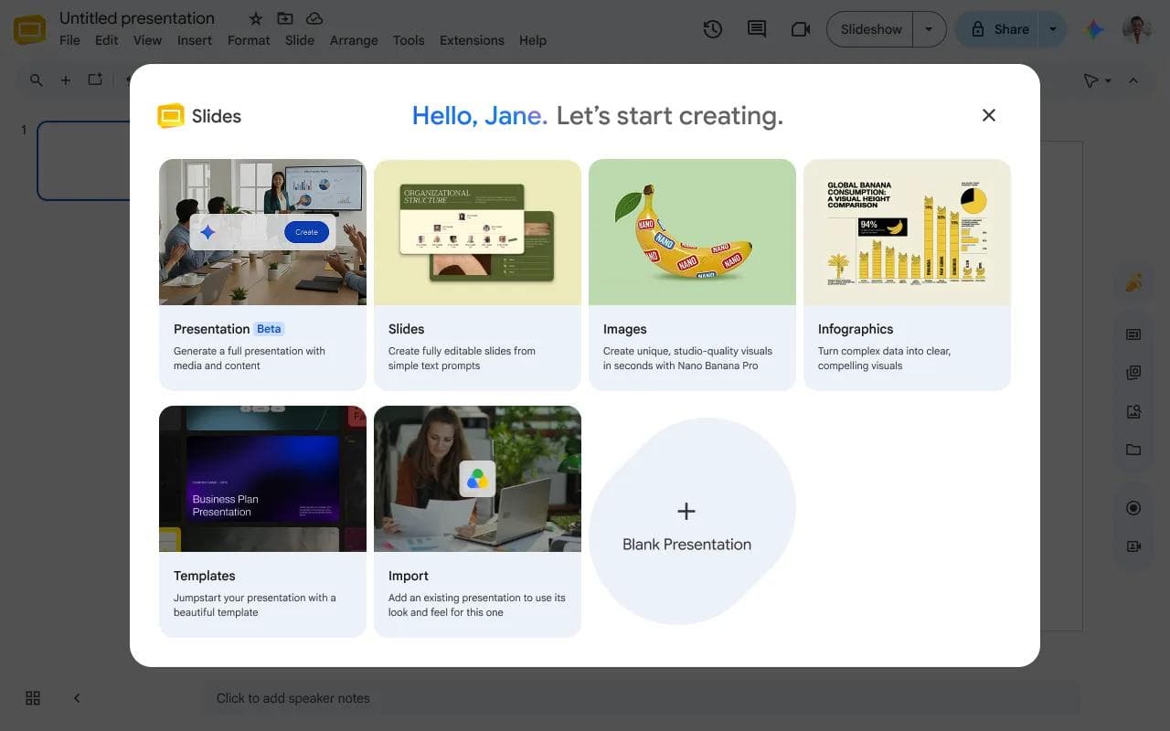 Google Slides creation dialog with a Presentation beta option to generate a full presentation with media and content