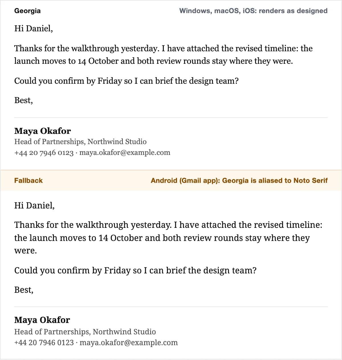Georgia on the sample email at 15 px, with the Android fallback, Noto Serif, rendered below it