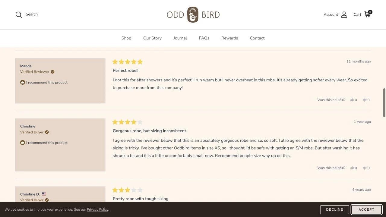 OddBird robe page with customer reviews fit feedback and material care information