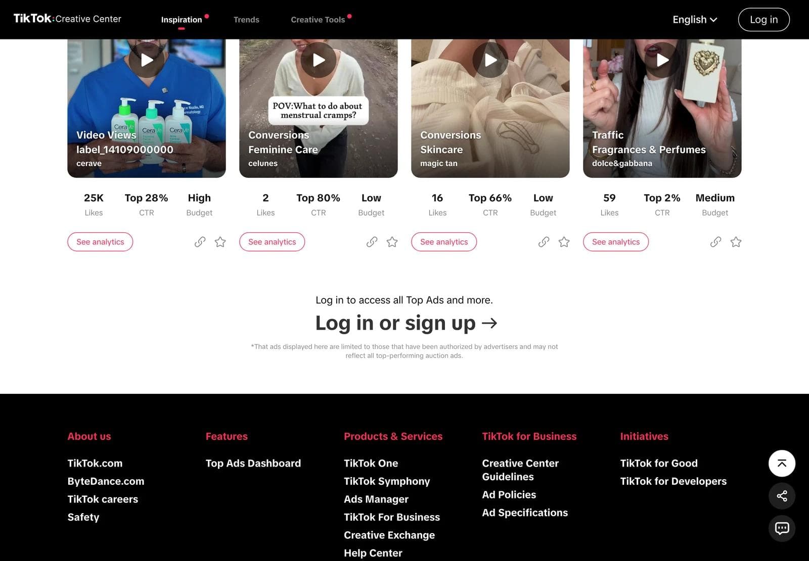 The dashboard below the fourth card, showing the View More button and the message Log in to access all Top Ads and more