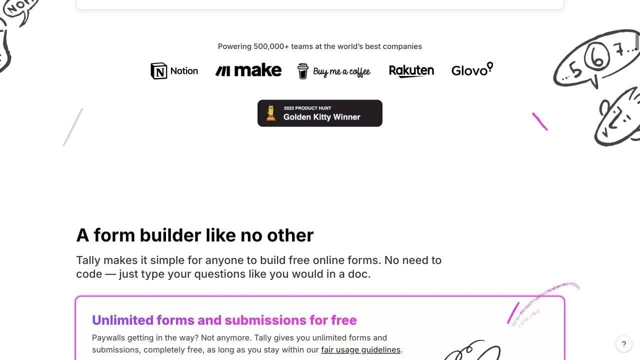 Tally landing page section with customer logos, an award, and its form builder positioning