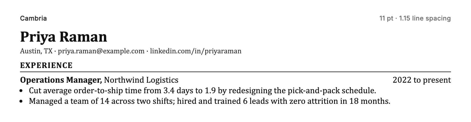Cambria at 11 pt with 1.15 line spacing on the same resume header, section heading and two bullet points