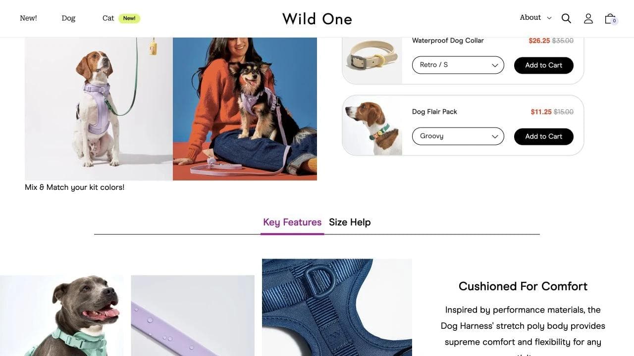 Wild One product page showing harness sizing and comfort guidance with dog examples