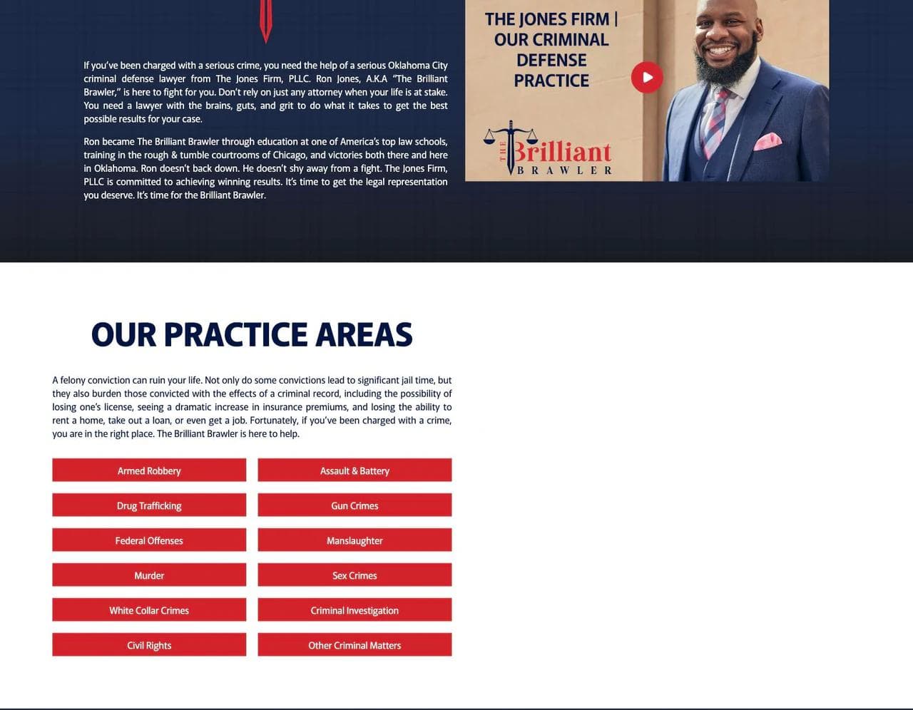 The Brilliant Brawler practice areas and three brand pillars on the homepage