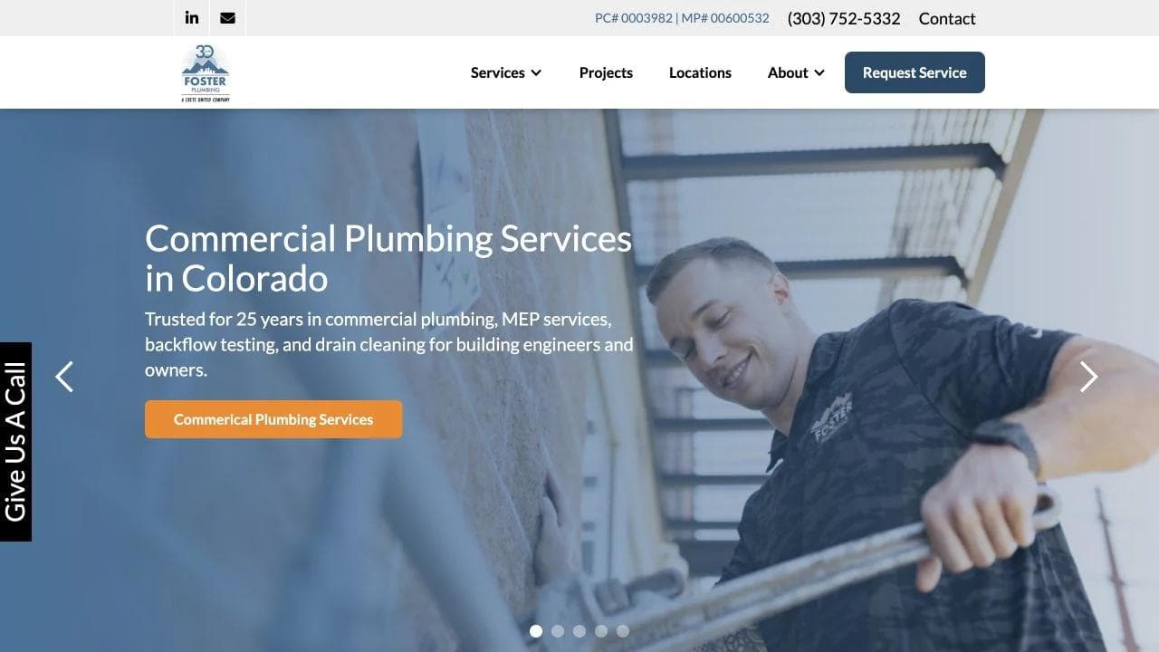 Foster Plumbing commercial services hero with a request-service action