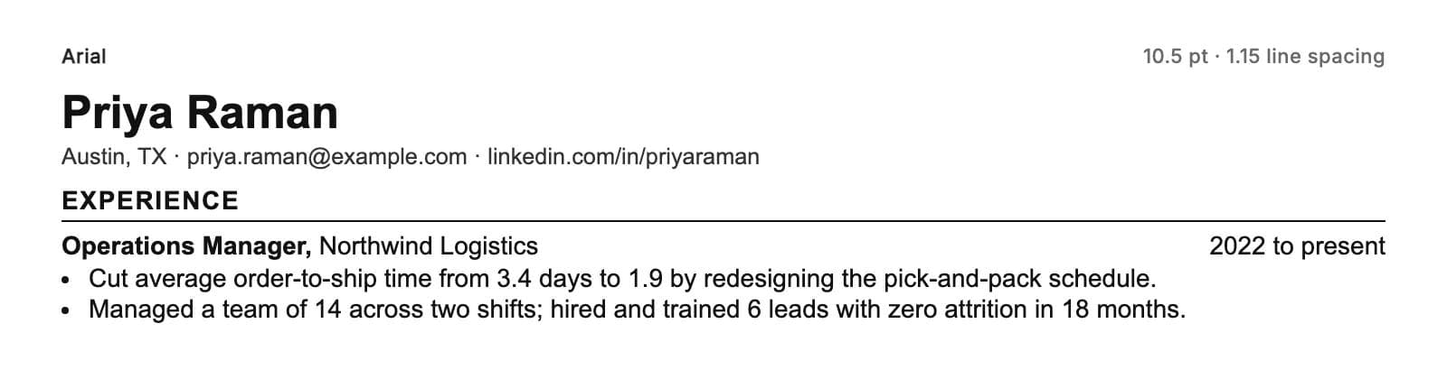 Arial at 10.5 pt with 1.15 line spacing on the same resume header, section heading and two bullet points