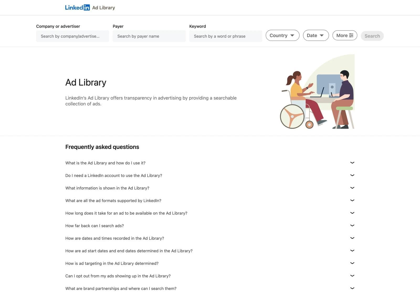 The LinkedIn Ad Library search form with Company or advertiser, Payer, and Keyword fields and Country, Date, and More controls