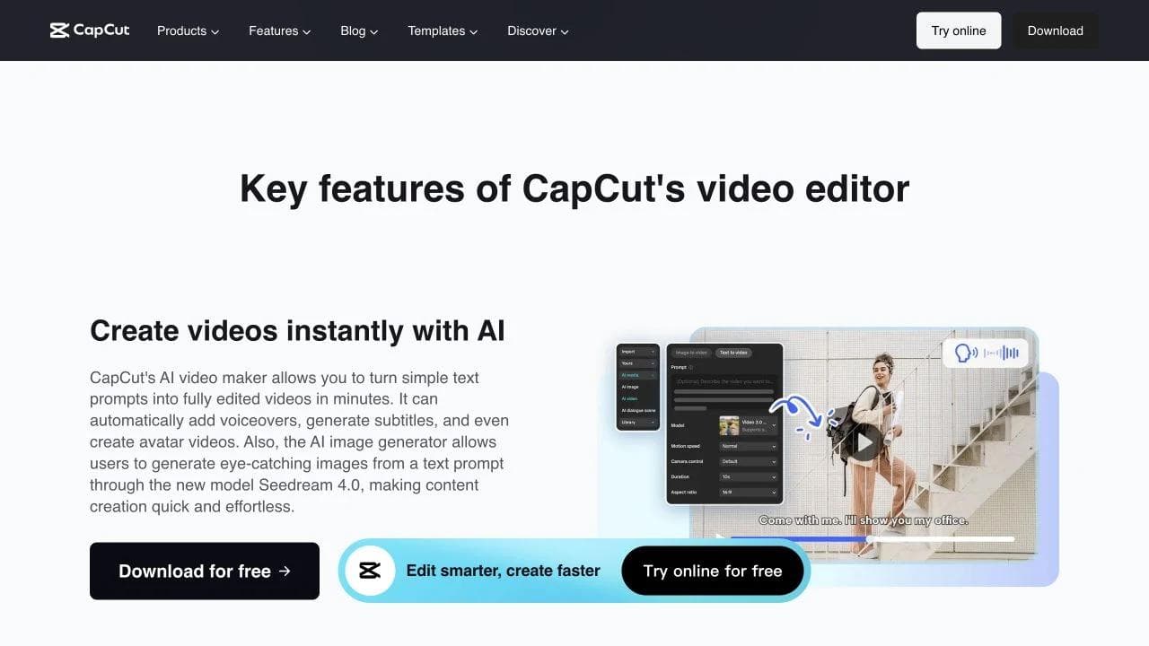 CapCut product overview showing AI controls and a captioned vertical-video editing example