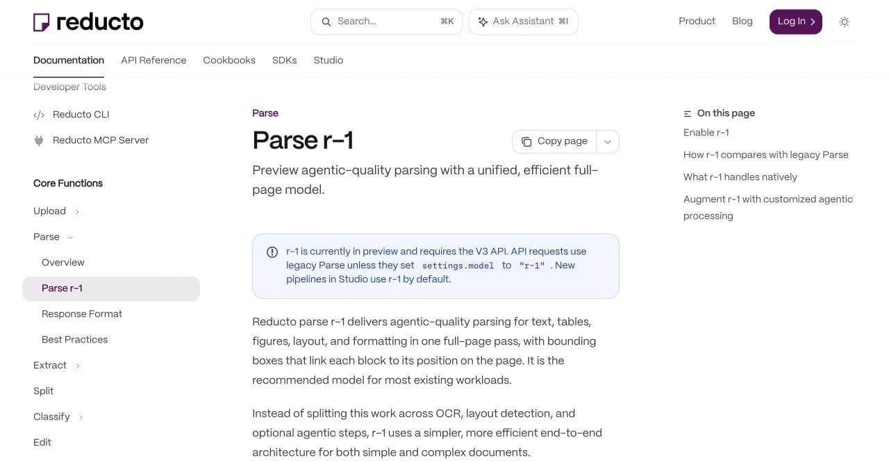 Reducto documentation describing its r-1 parser and the difference from legacy Parse.