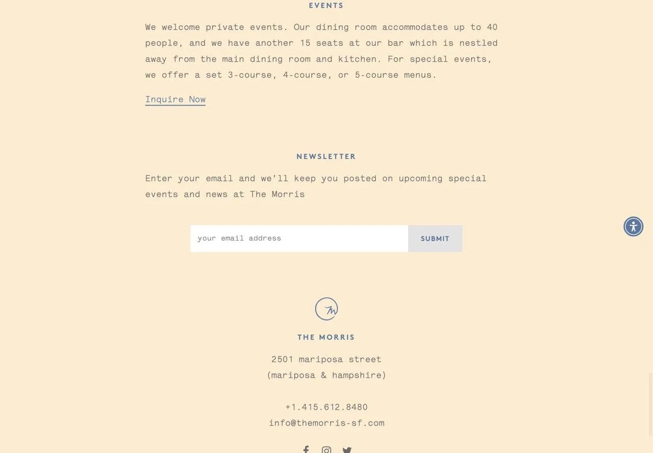 The Morris private-events section listing seated and standing capacity followed by an inquiry and newsletter.