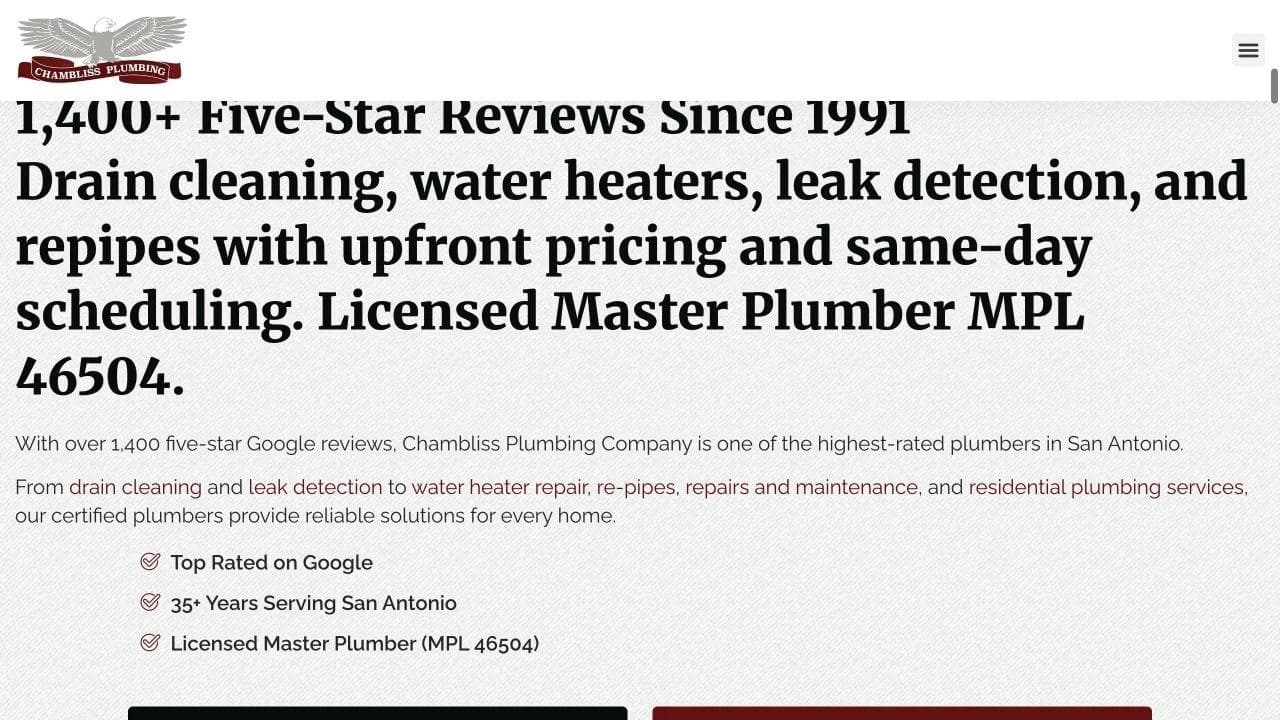 Chambliss Plumbing review count, tenure, license, services, and same-day scheduling claims