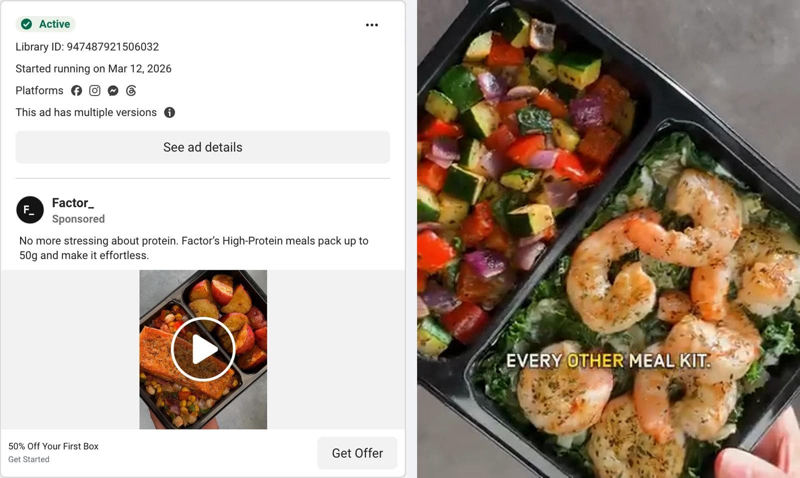 Meta Ad Library card for a Factor video ad, with a frame showing a shrimp meal in a black tray under the words Every Other Meal Kit