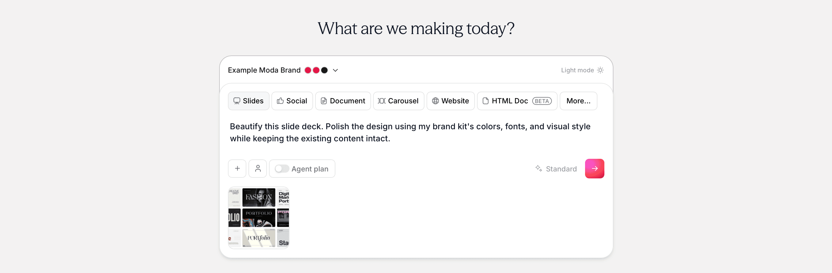 Moda prompt composer with Slides selected and an existing presentation attached