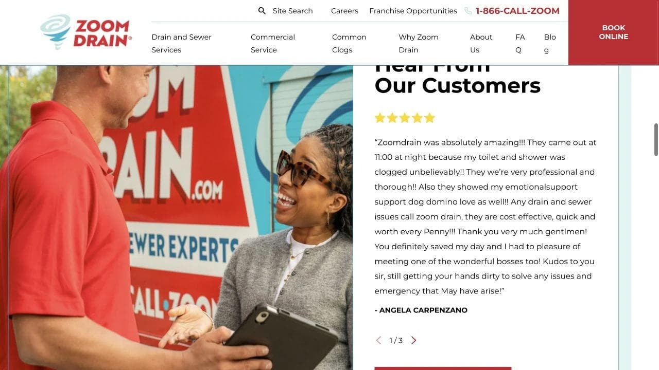 Zoom Drain customer review beside technician and customer photography