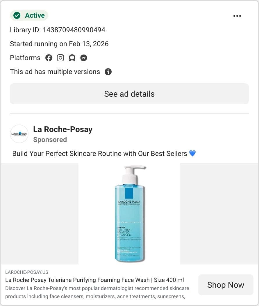 Meta Ad Library card for a La Roche-Posay moisturizer ad with the multiple versions notice