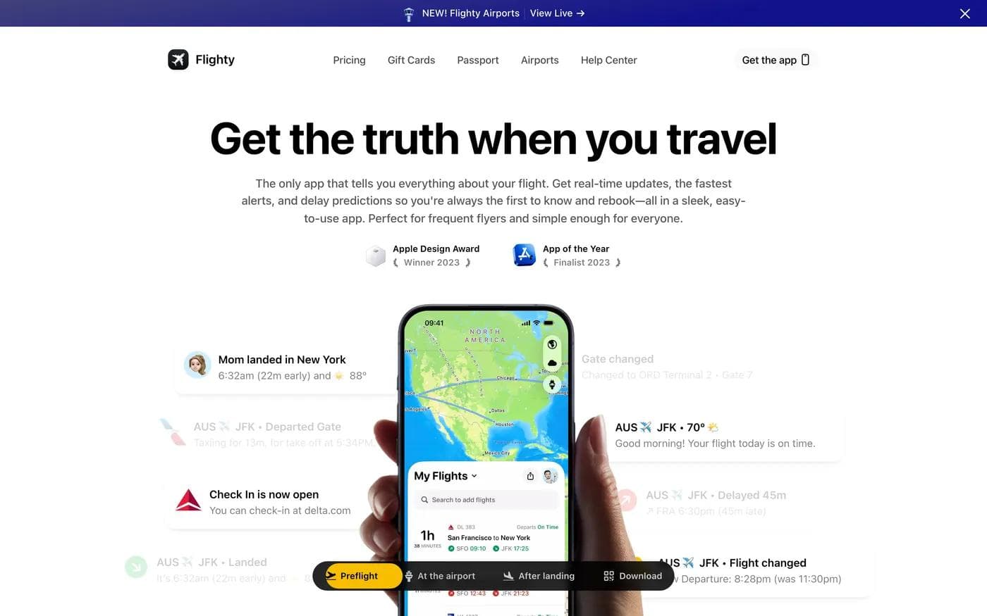 Flighty landing page with the headline Get the truth when you travel, Apple Design Award and App of the Year badges, and phone notification mockups