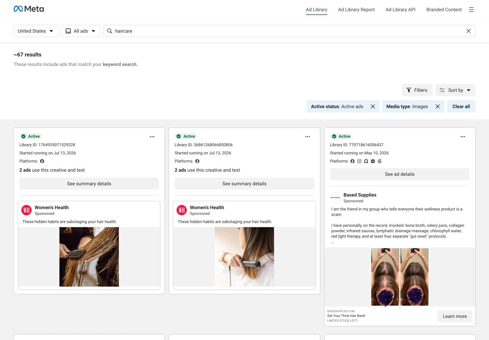 Meta Ad Library results for the keyword haircare, filtered to active image ads