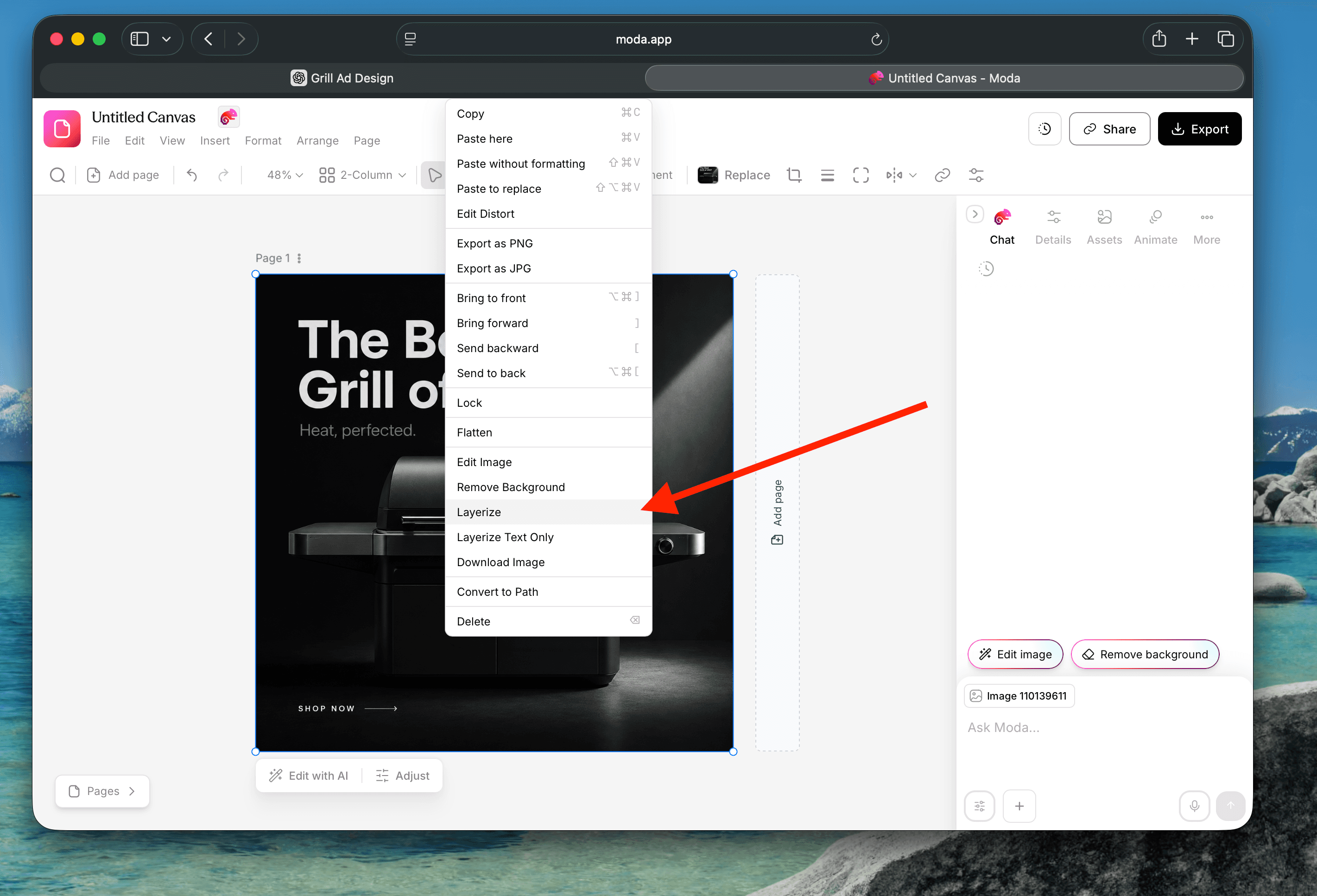 A flat grill advertisement selected in Moda with Layerize and Layerize Text Only in the context menu