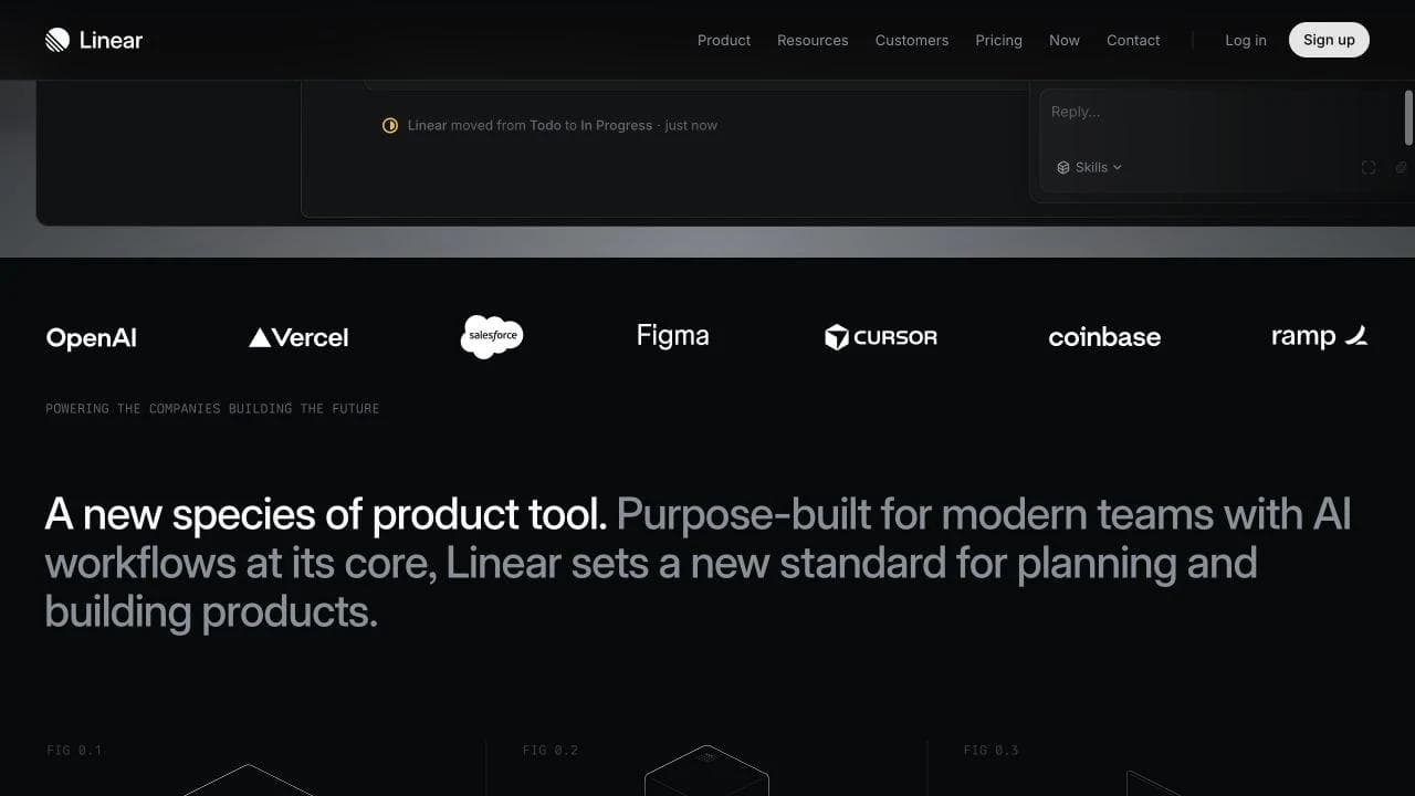 Linear landing page section presenting purpose-built, agent-powered, and speed-focused principles