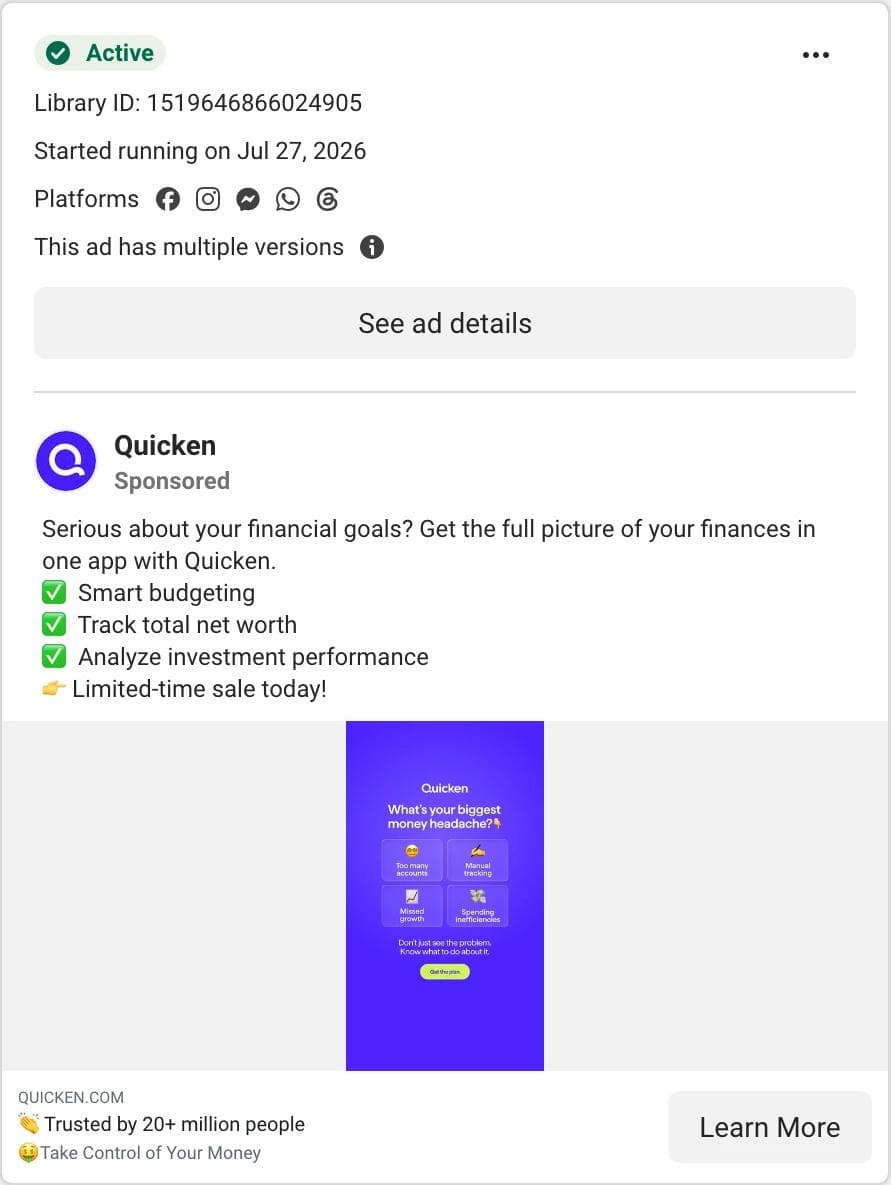 Meta Ad Library card for a Quicken image ad showing a purple screen asking What's your biggest money headache with four answer tiles