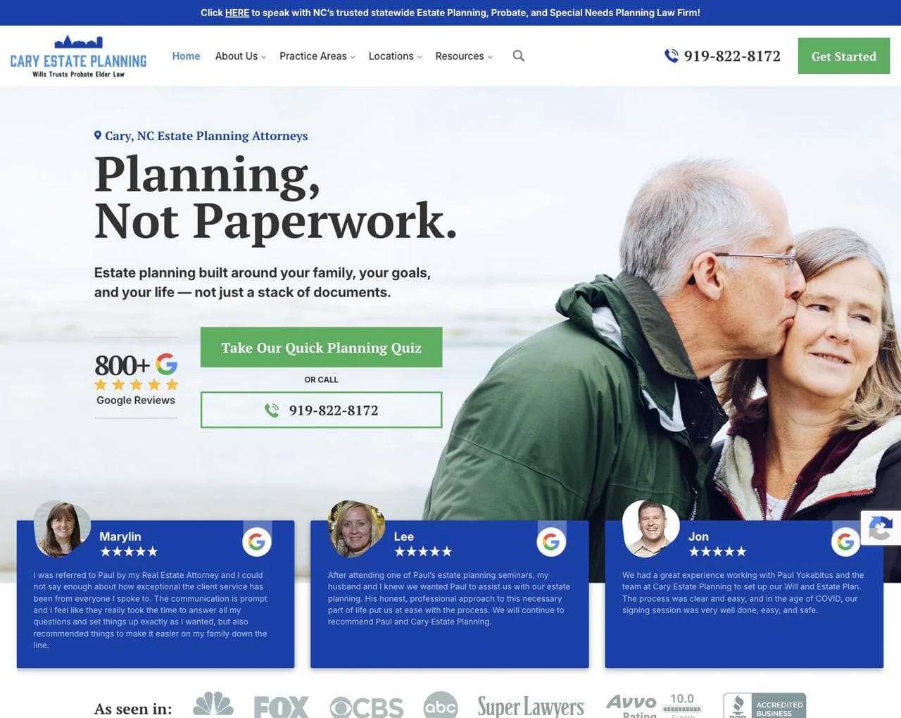 Cary Estate Planning homepage hero, client proof, and list of family planning needs
