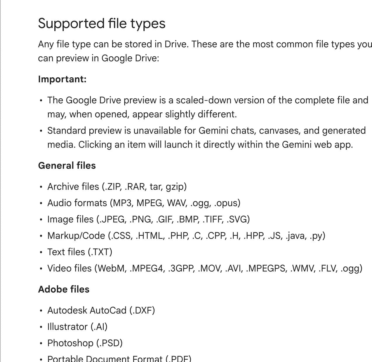 Google Drive's supported file types documentation, listing audio formats as MP3, MPEG, WAV, .ogg and .opus