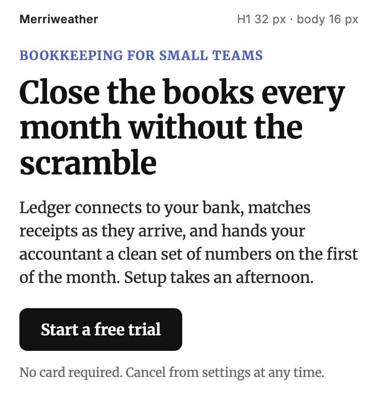 Merriweather rendered as a 390 px wide landing section: 32 px bold heading, 16 px paragraph and a button