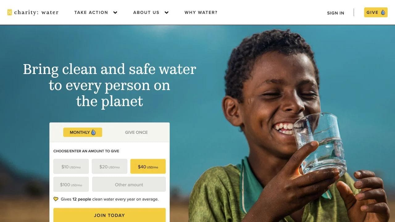charity: water opening website section