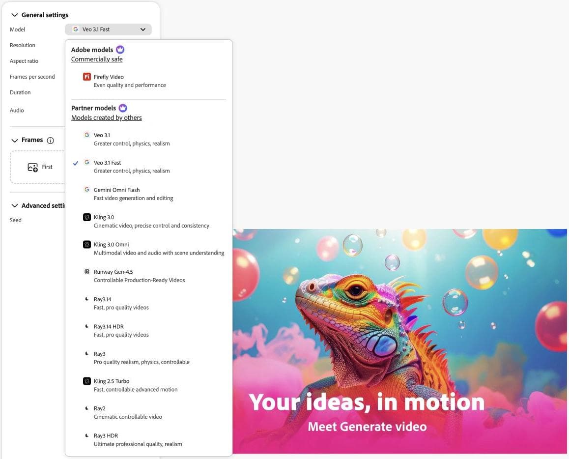 Adobe Firefly video model picker separating Adobe and partner model choices