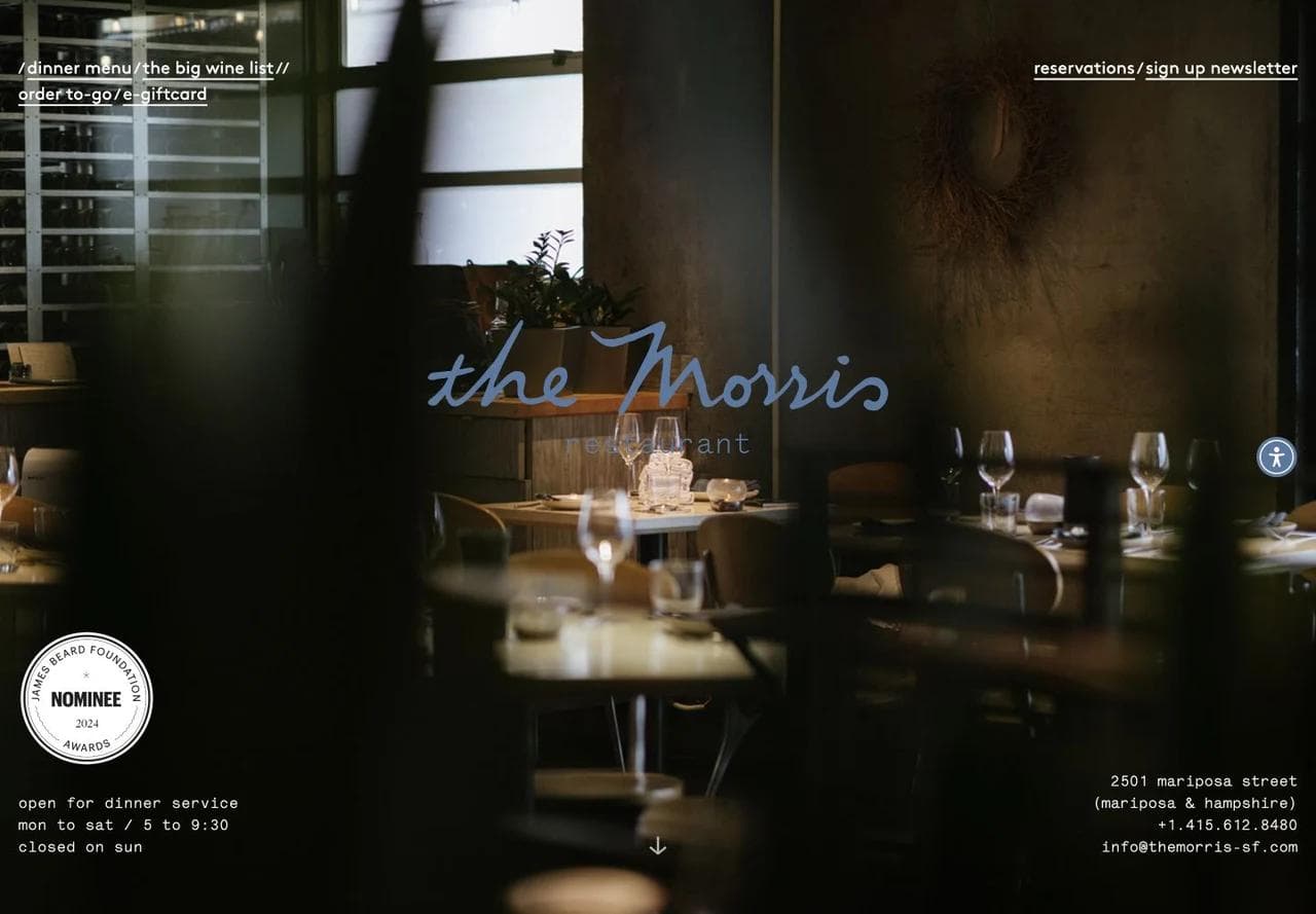 The Morris homepage hero with dinner menu, wine list, ordering, reservations, hours, address, phone, and email.