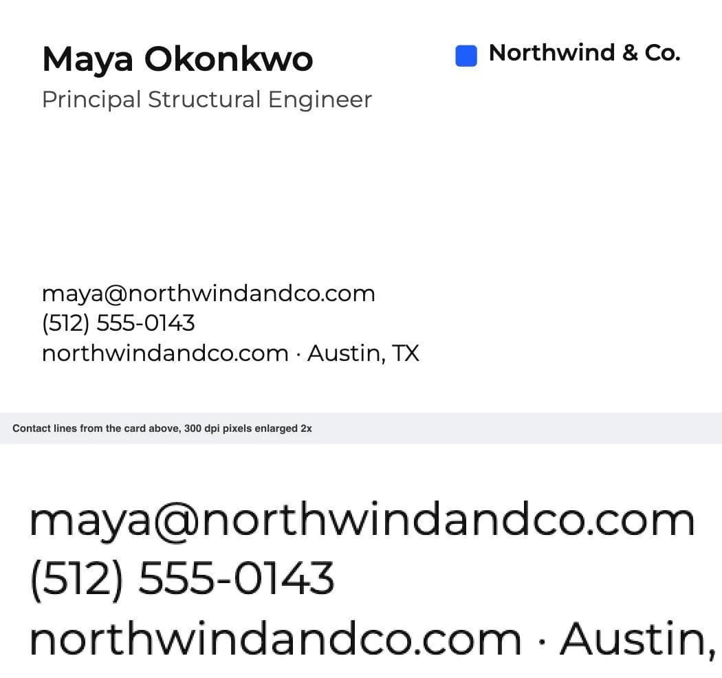Business card in Montserrat at 300 dpi: name at 12 pt semibold, title and three contact lines at 8 pt, with the contact lines enlarged below