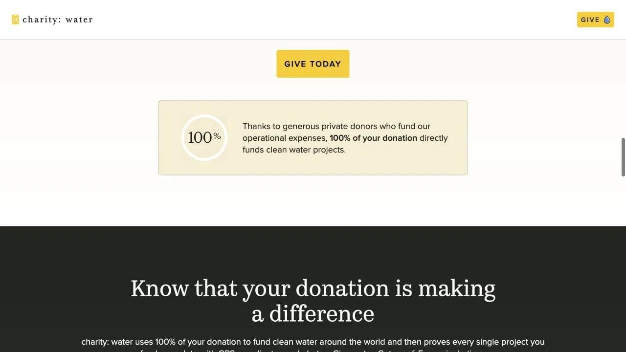 charity: water middle website section