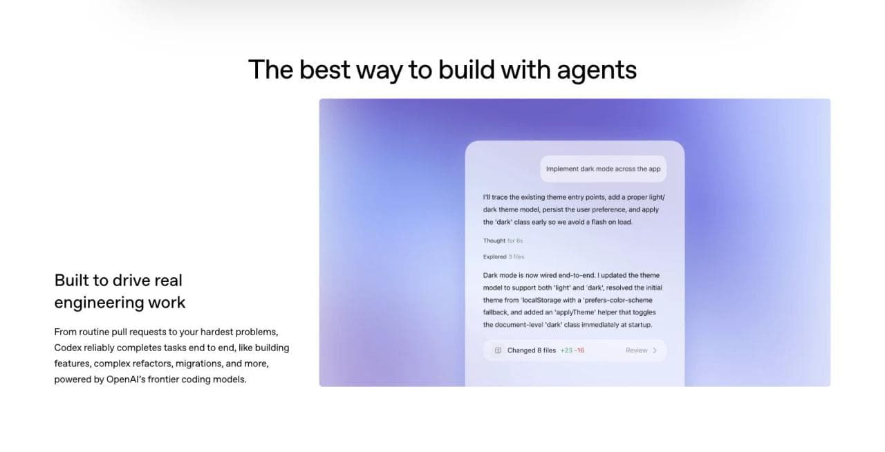 Codex product demonstration showing an engineering task, implementation summary, changed files, and review action
