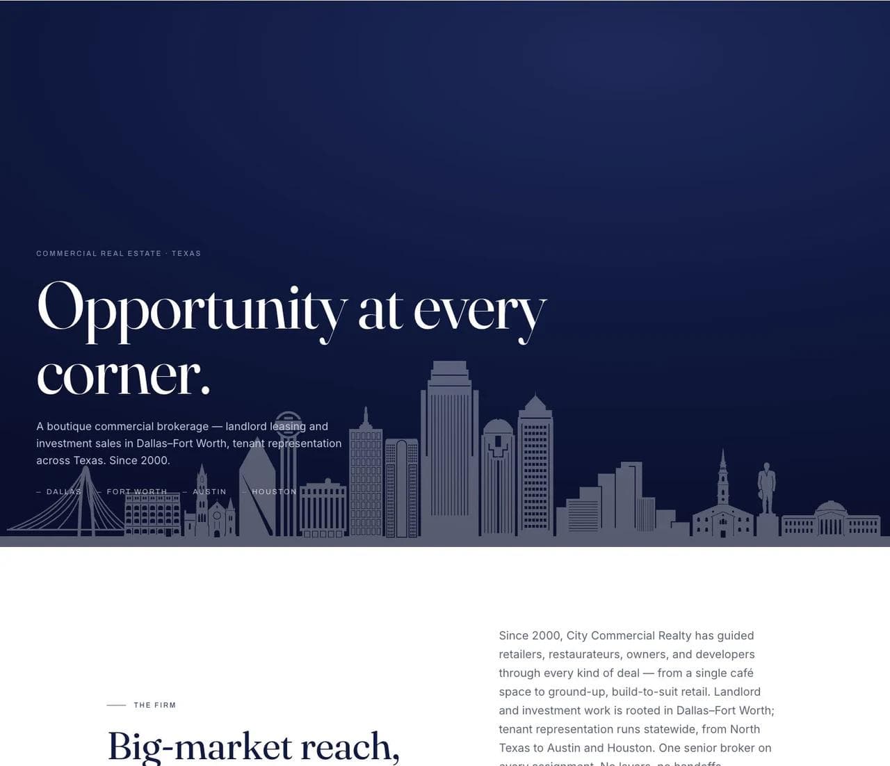 City Commercial Realty homepage hero and boutique positioning