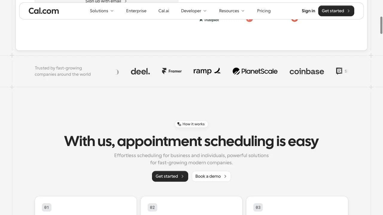 Cal.com how it works section introducing three steps and separate start and demo actions