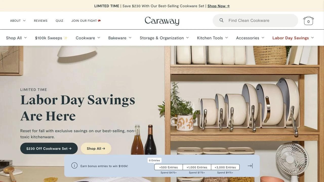 Caraway cookware ecommerce homepage with a promotional hero and kitchen product imagery