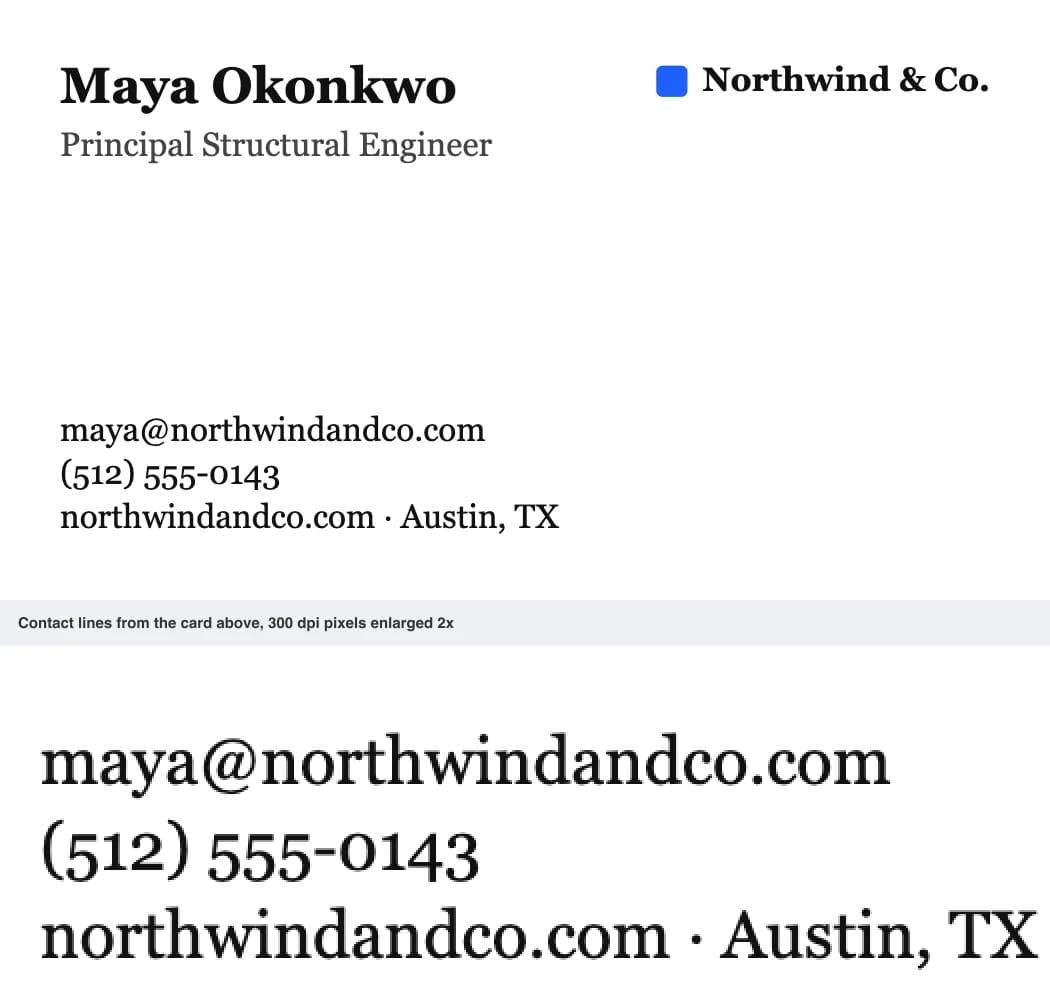 Business card in Georgia at 300 dpi: name at 12 pt bold, title and three contact lines at 8 pt, with the contact lines enlarged below