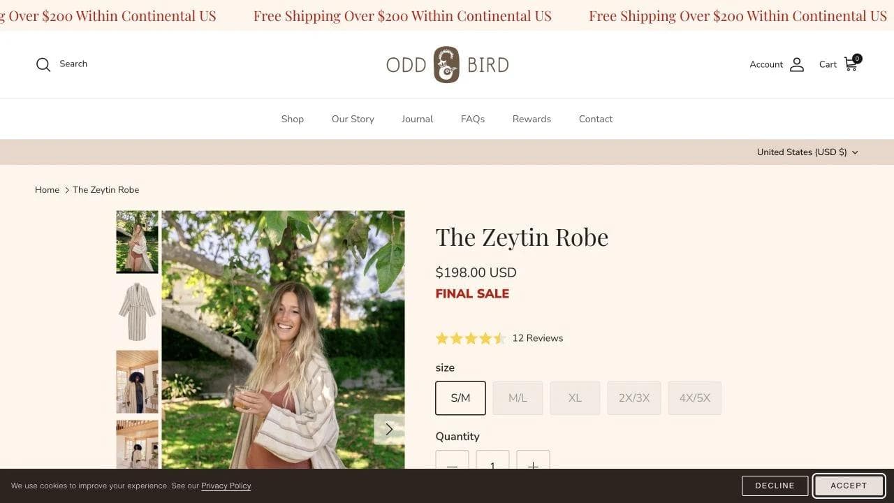 OddBird Zeytin robe product page with imagery size price pickup and purchase controls