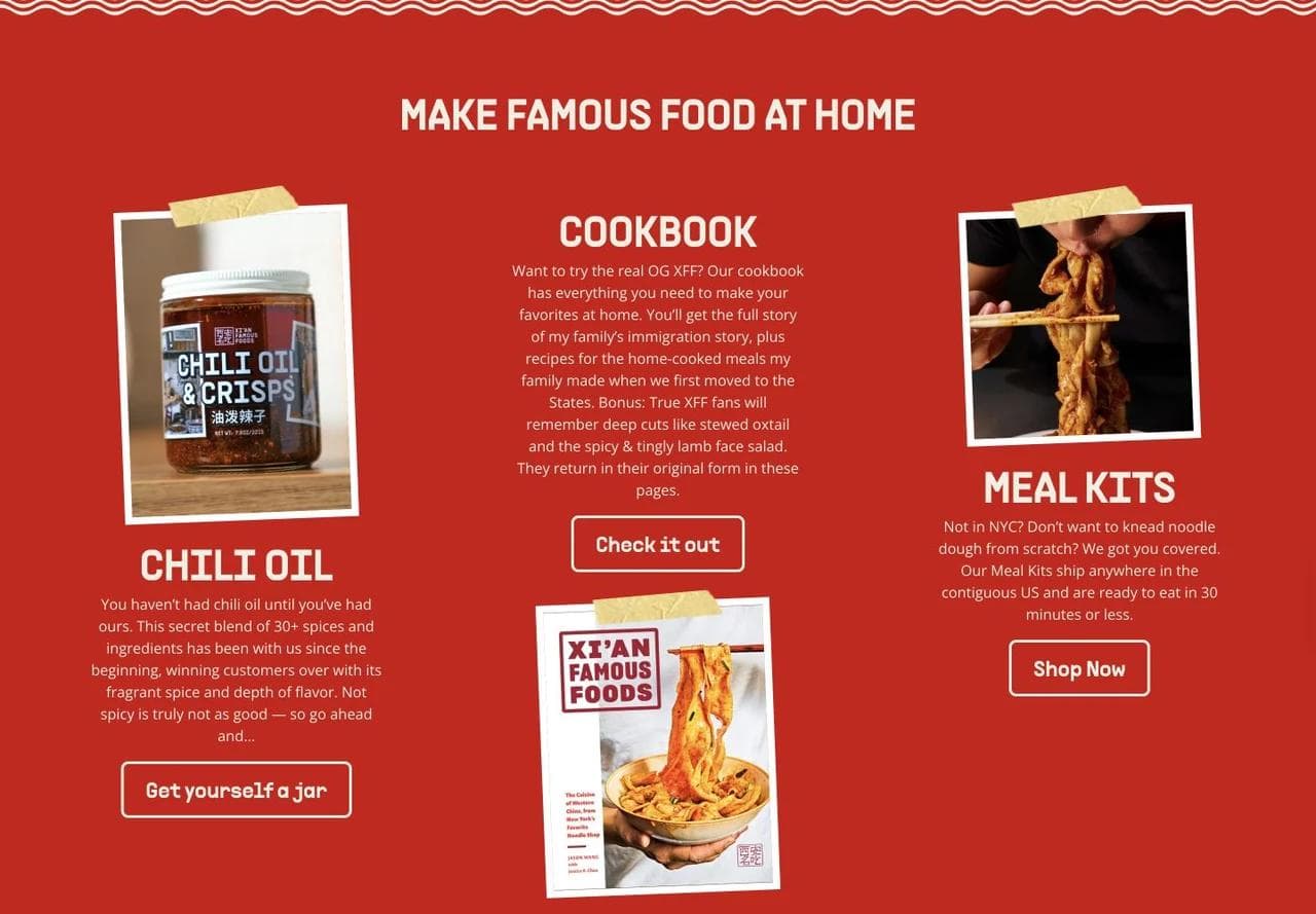 Xi'an Famous Foods section selling chili oil, a cookbook, and meal kits for use at home.