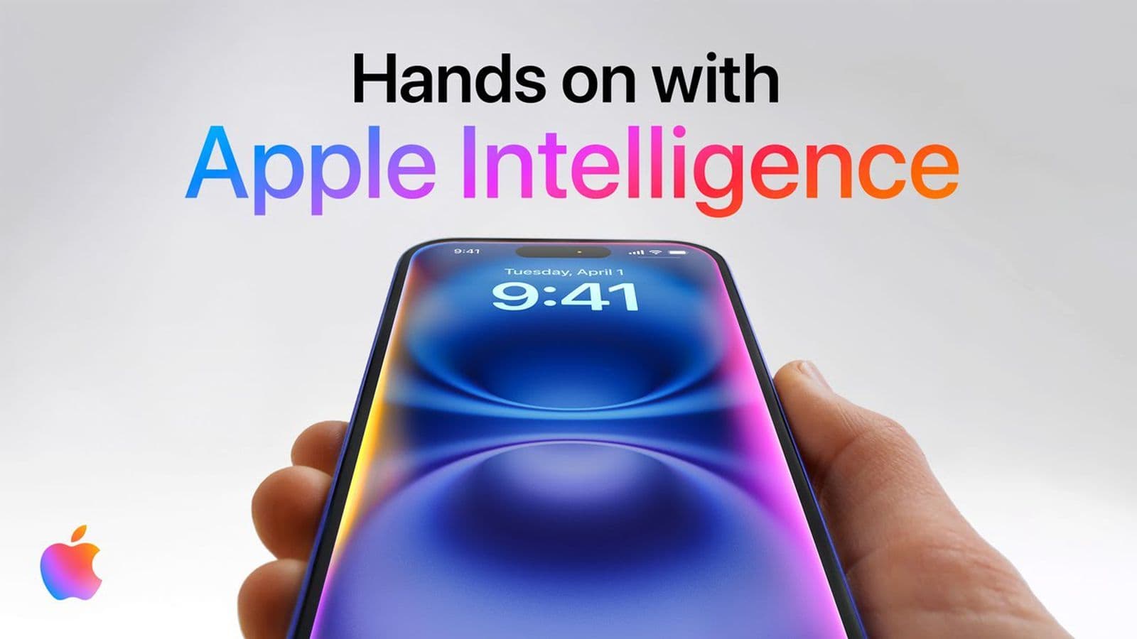 Apple advertisement using restrained typography, product photography, and the multicolor Apple Intelligence mark