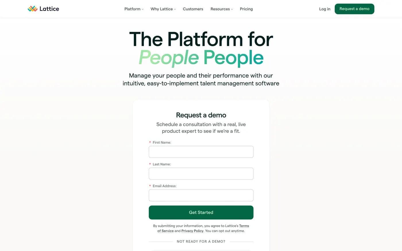 Lattice demo page with a three field form and links to take a free tour or watch a seven minute demo video underneath