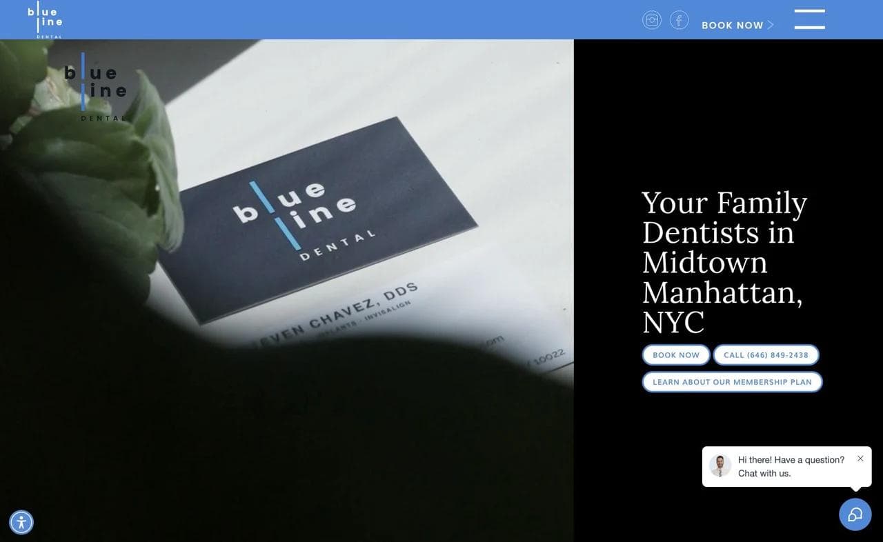 Blue Line Dental homepage with editorial imagery, Manhattan family dentistry positioning, and booking controls.