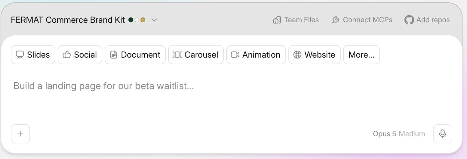 Moda's composer showing a selected brand kit with its palette, and format tabs for Slides, Social, Document, Carousel, Animation, and Website